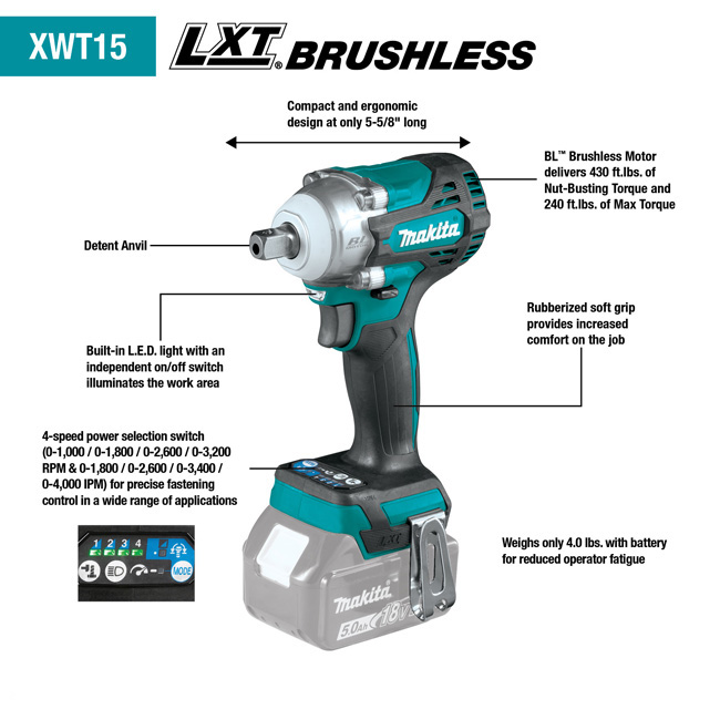 Makita 18V LXT LithiumIon Brushless Cordless 4Speed 1/2 Inch Square Drive Impact Wrench with