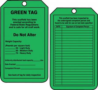 Accuform Scaffold Status 'Green' Safety Tag