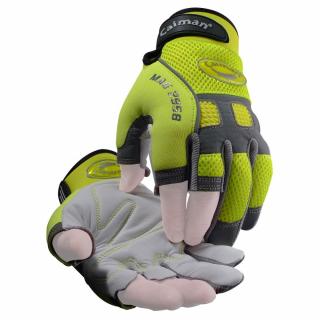 Caiman Sheep Grain Hi-Vis Reflective Back Partial Fingerless Mechanics Gloves