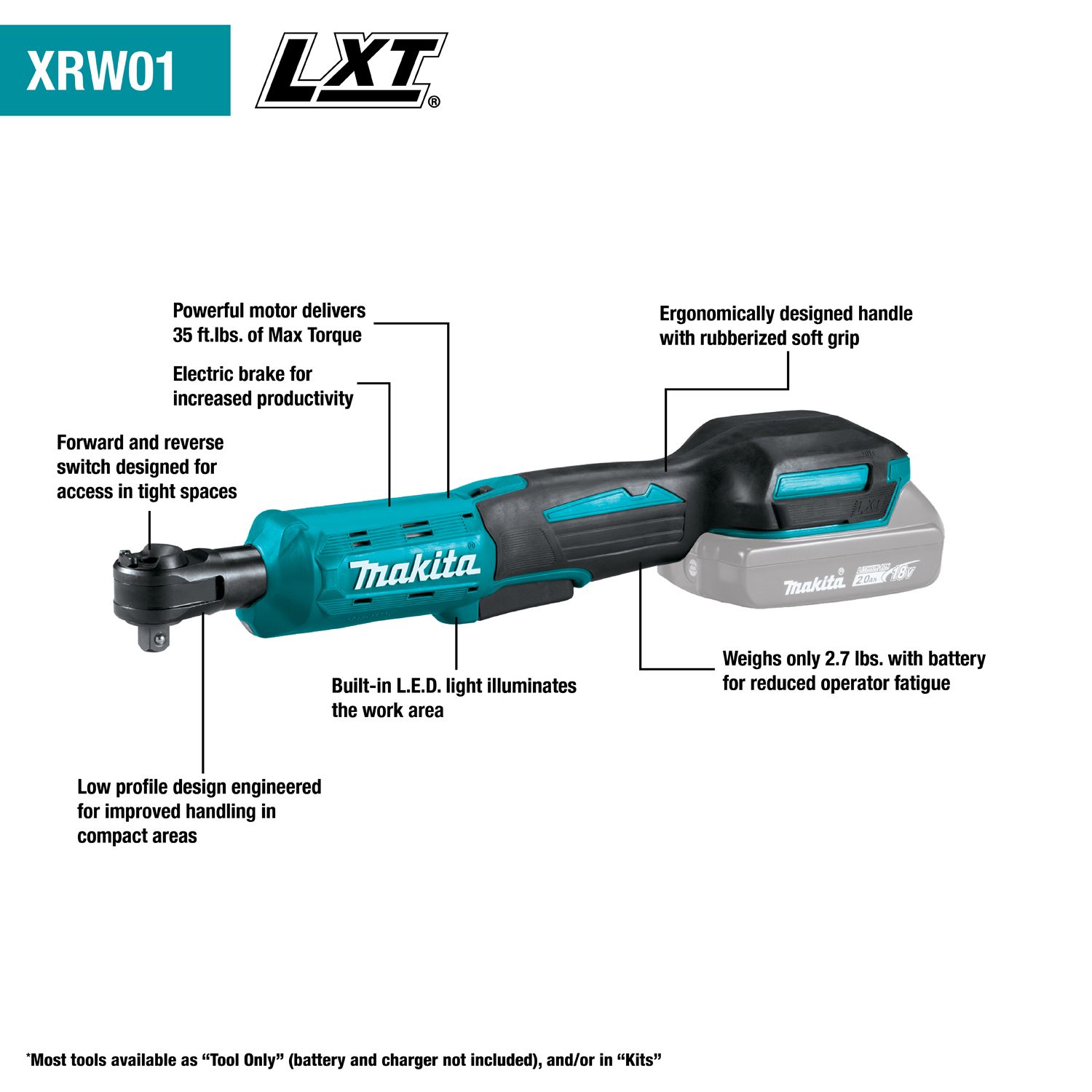 Makita 18V LXT Cordless 3/8 Inch x 1/4 Inch Square Driver Ratchet (Tool Only) from Columbia Safety