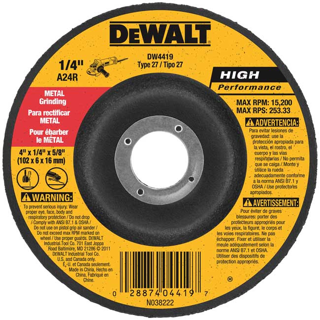 DeWALT 1/4 Inch Type 27 High-Performance Metal Grinding Wheel from Columbia Safety
