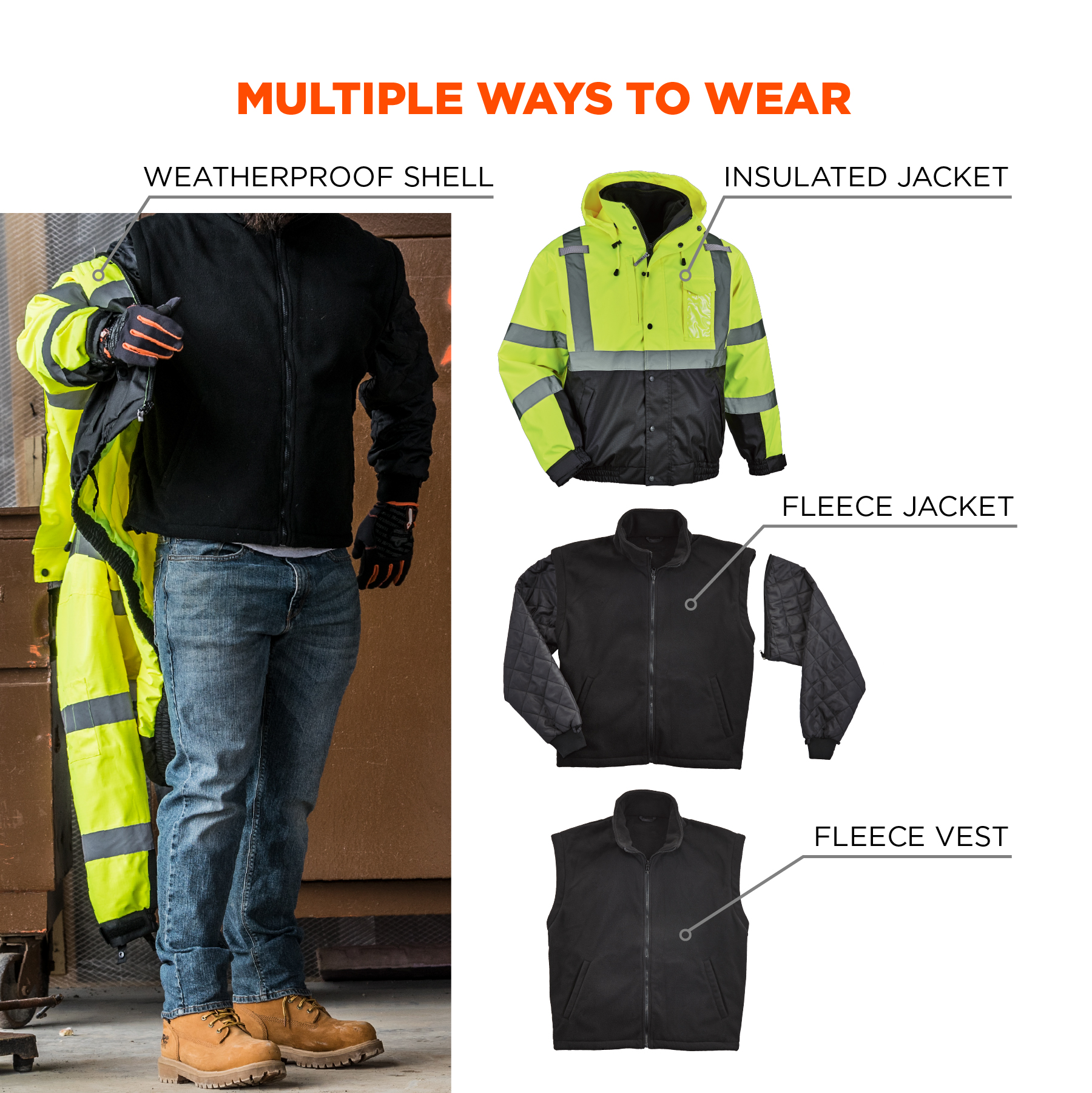 Ergodyne 8381 GloWear Class 3 Performance 4-in-1 Bomber Jacket from Columbia Safety