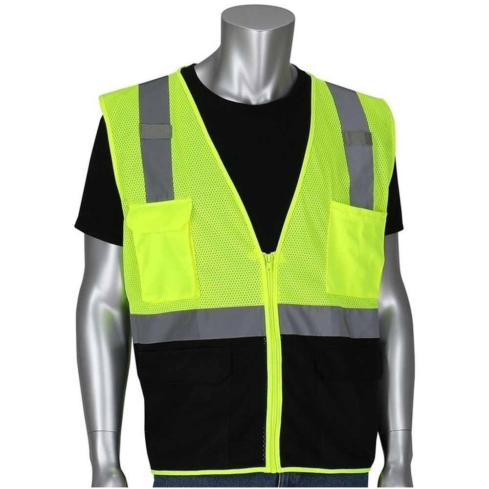 PIP ANSI Type R Class 2 Lime Hi-Vis 5 Pocket Mesh Vest with Black Bottom Front from Columbia Safety