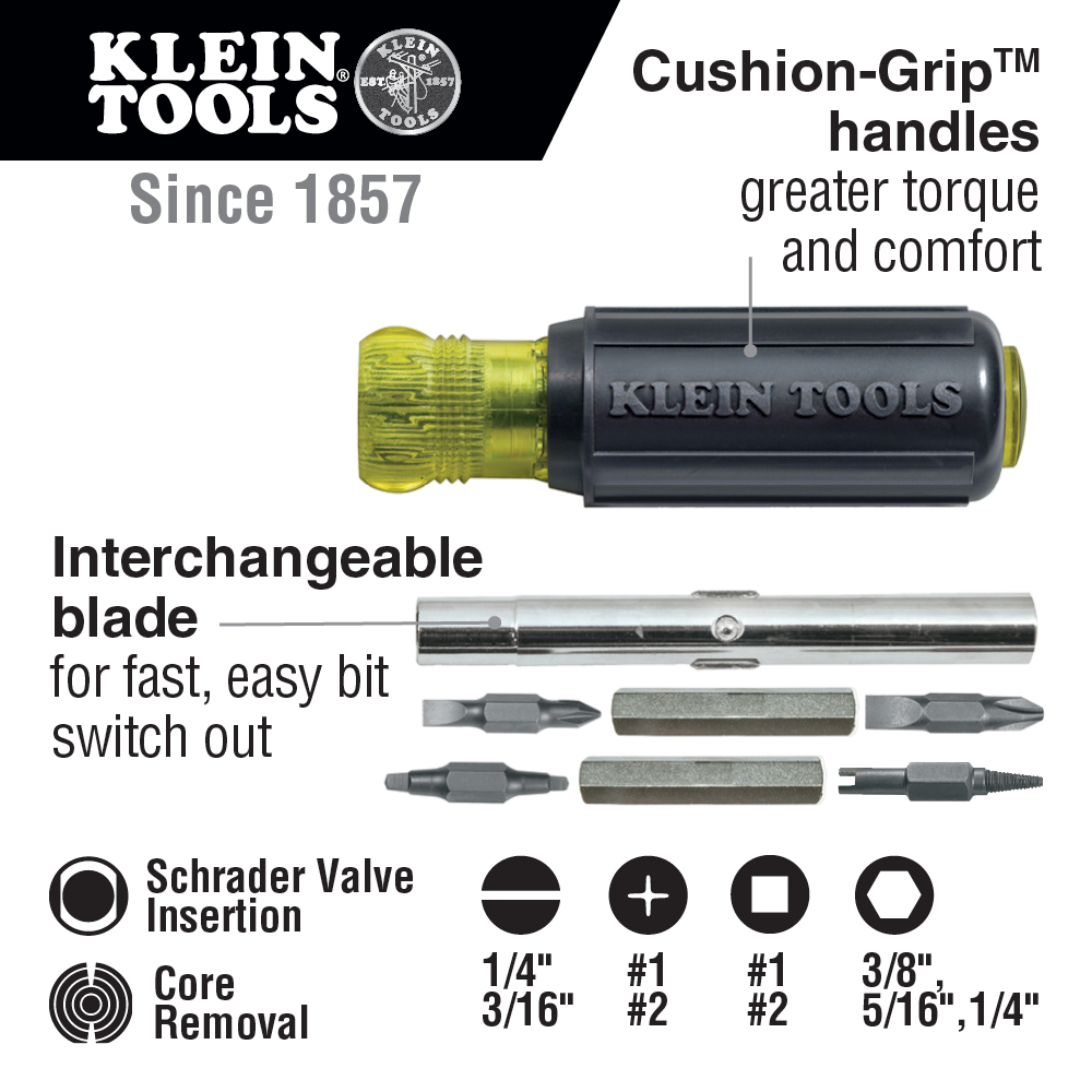 Klein Tools 11-in-1Multi-Bit Screwdriver & Nut Driver with Schrader Bits from Columbia Safety