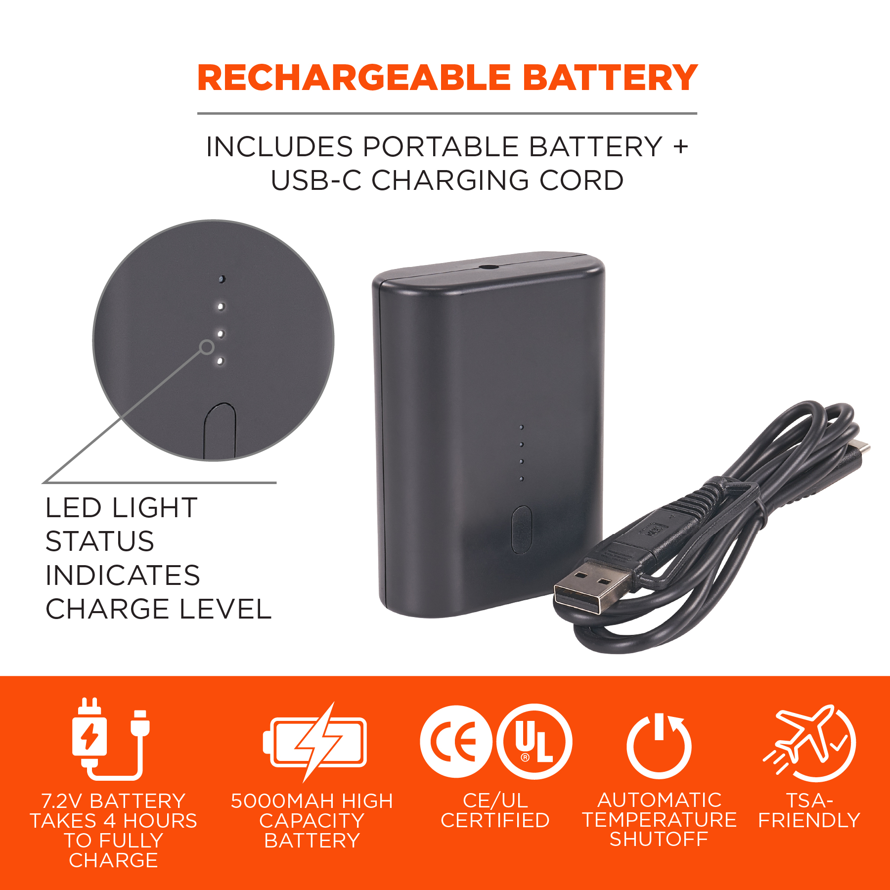 Ergodyne N-Ferno 6495B Portable Battery Power Bank w/ USB-C Cord - 7.2v/5000mAh from Columbia Safety