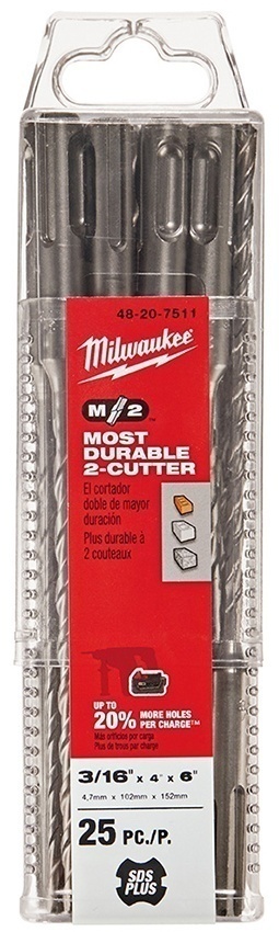 Milwaukee M/2 2 Cutter SDS-Plus 3/16 Inch Rotary Hammer Drill Bit (25 Pack) from Columbia Safety