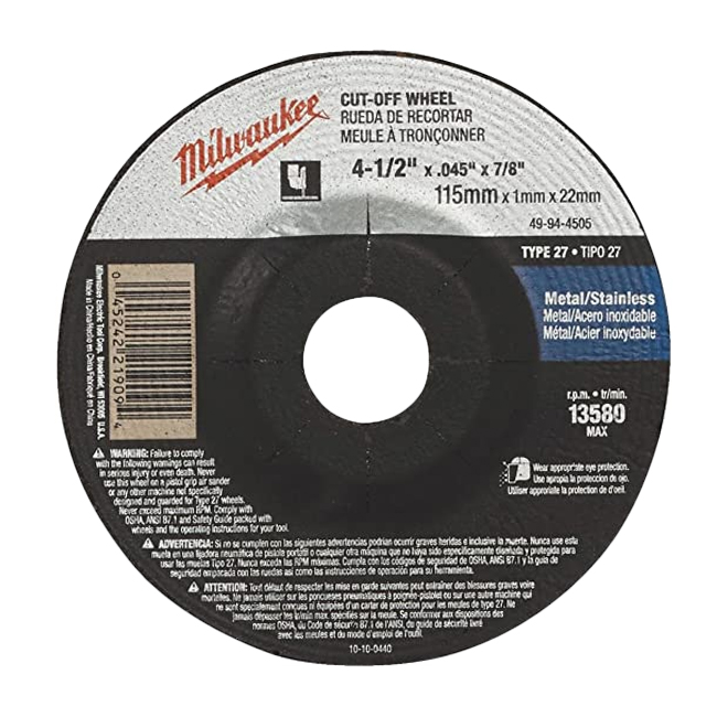 Milwaukee 4-1/2 inch x .045 inch x 7/8 inch Cut-Off Wheel Type 27 from Columbia Safety