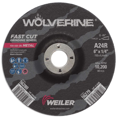 Weiler Wolverine Type 27 Grinding Wheel 6-Inch x 1/4-Inch A24R from Columbia Safety