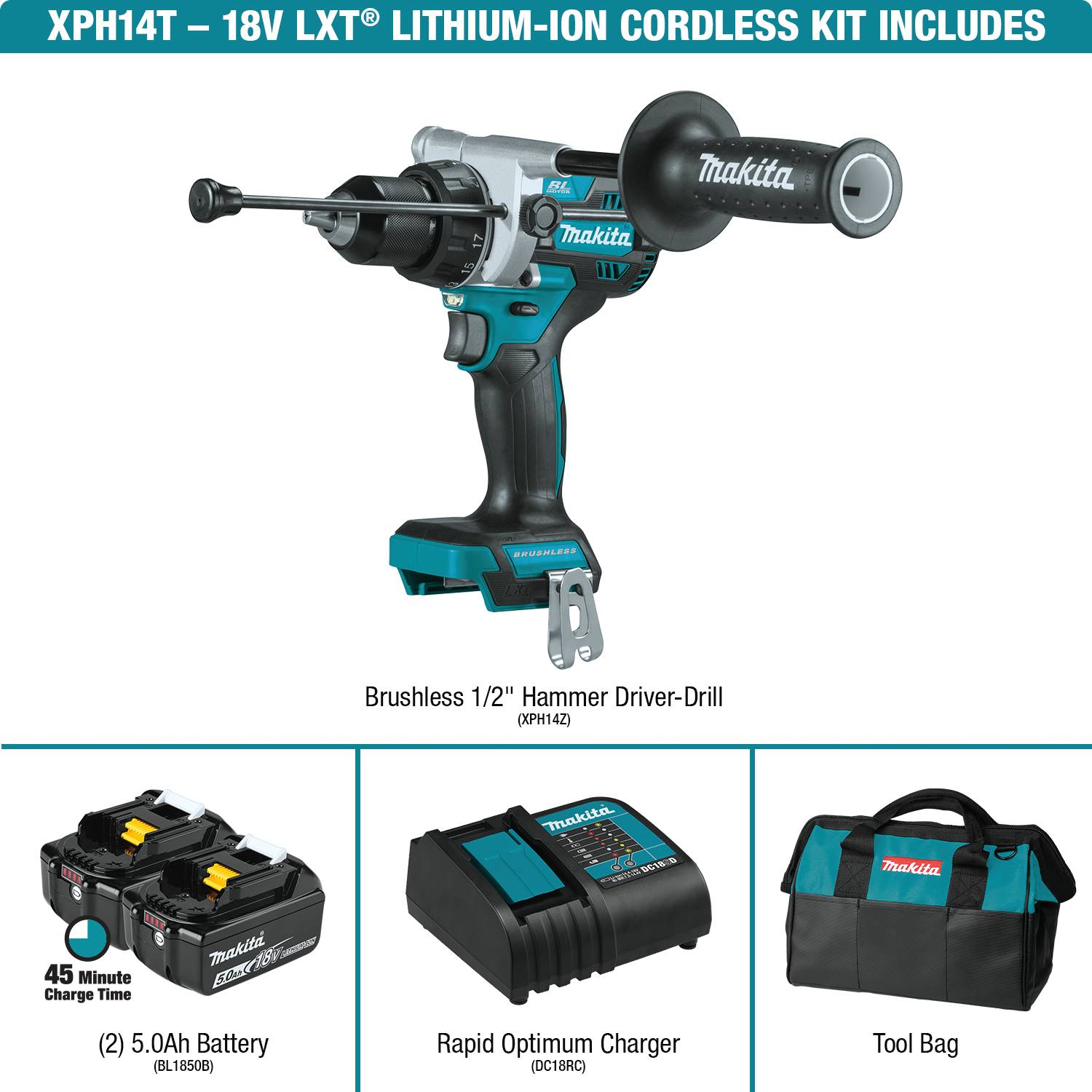 Makita 18V LXT Brushless Cordless 1/2 Inch Hammer Driver-Drill Kit from Columbia Safety