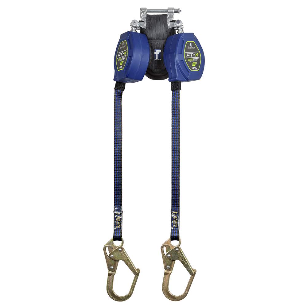 FallTech FT-X EdgeCore Twin Leg 8 Foot Class 2 Leading Edge Personal SRL w/ Steel Mini Rebar Hooks from Columbia Safety