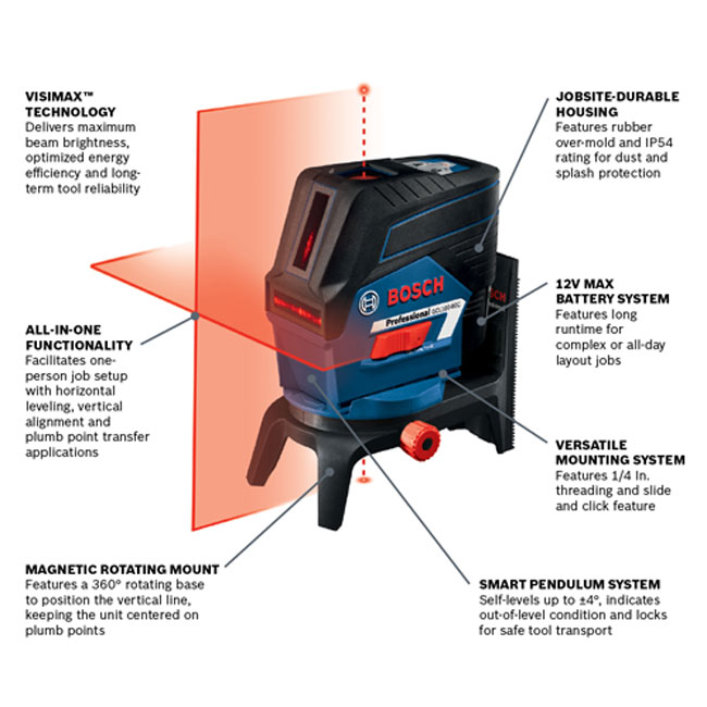 Bosch 12V Max Connected Cross-Line Laser with Plumb Points |GCL100-80C from Columbia Safety