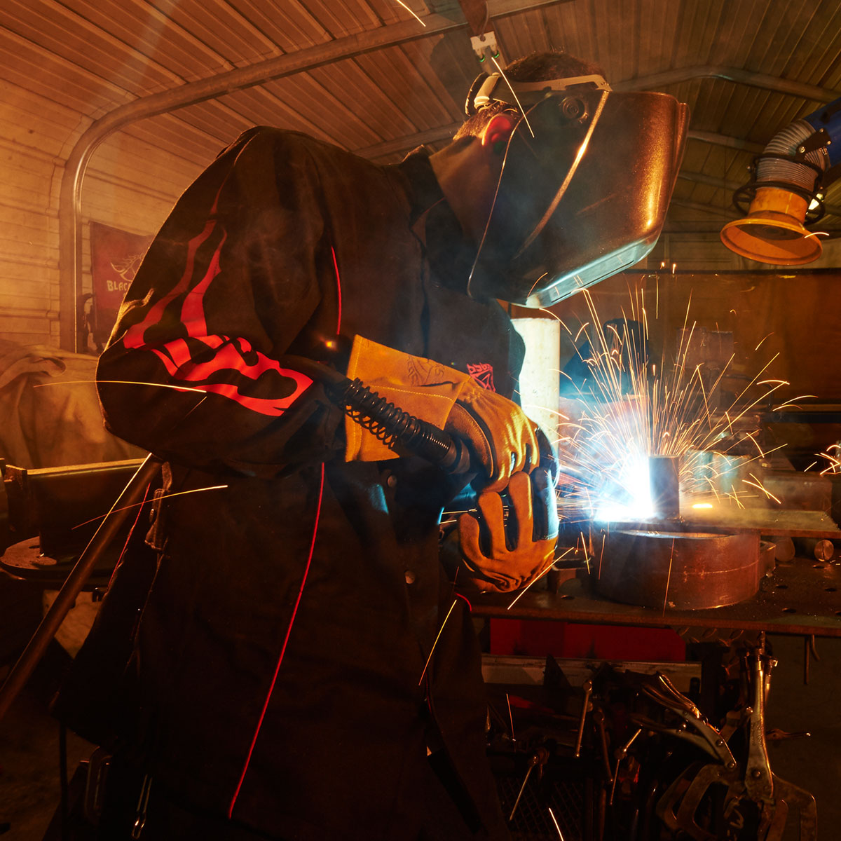 Black Stallion BX9C BSX Contoured FR Cotton Welding Jacket, Black with Red Flames from Columbia Safety