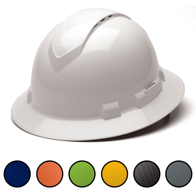 Pyramex Ridgeline Vented Full Brim Hard Hat with 4 Point Ratchet Suspension from Columbia Safety