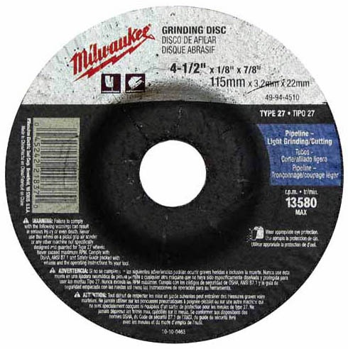 The Milwaukee 4-1/2 x 1/4 x 7/8 Inch Grinding Wheel Type 27 has been tested for balance to provide smooth, vibration free grinding and cutting. from Columbia Safety