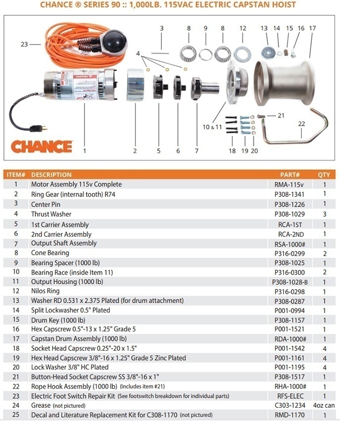 AB Chance Capstan Winch C3081170 Cathead Hoist with Foot Control, 1000 lb Capacity - Part List from Columbia Safety