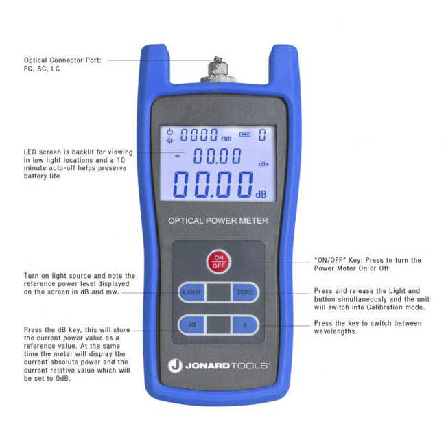 Jonard Fiber Optic Power Meter (-50 to +26 dBm) with FC/SC/LC Adapters from Columbia Safety