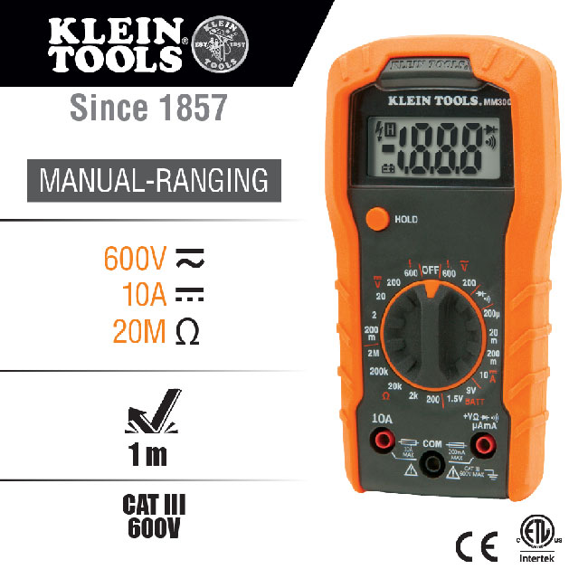 Klein Tools 600V MM300 Manual-Ranging Digital Multimeter from Columbia Safety