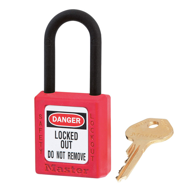 Master Lock 406 1-1/2 Inch (38mm) Red Dielectric Zenex Thermoplastic Safety Padlock with 1-1/2 Inch (38mm) Nylon Shackle from Columbia Safety
