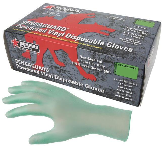 MCR Safety 5025 Sensaguard Disposable Vinyl Industrial Grade Gloves - 6.5 Mil - Powdered - Green from Columbia Safety