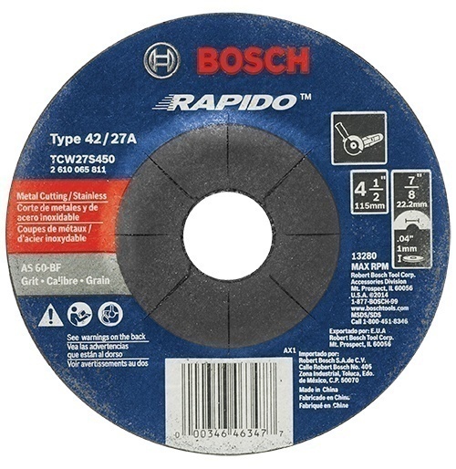 Bosch 4-1/2 Inch 60 Grit Rapido Arbor Type 27A Metal Cutting Abrasive Wheel from Columbia Safety